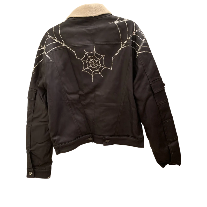 Sp5der trucker jacket featuring a sherpa lining and a bold rhinestone spider web graphic design on the back.