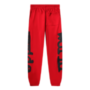 The back view of the vibrant red Sp5der Beluga unisex sweatpants featuring premium fabric and comfortable loose fit.