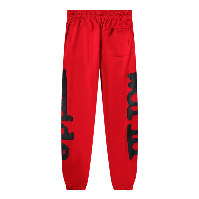 The back view of the vibrant red Sp5der Beluga unisex sweatpants featuring premium fabric and comfortable loose fit.