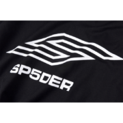 A close-up view of the black SP5DER Pro LW Tee showcasing the signature white brand logo and performance graphic detail