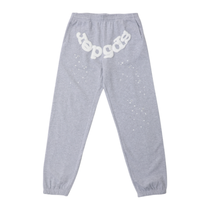 Front view of gray SP5DER OG Web sweatpants featuring signature web design and star details for a premium urban look.