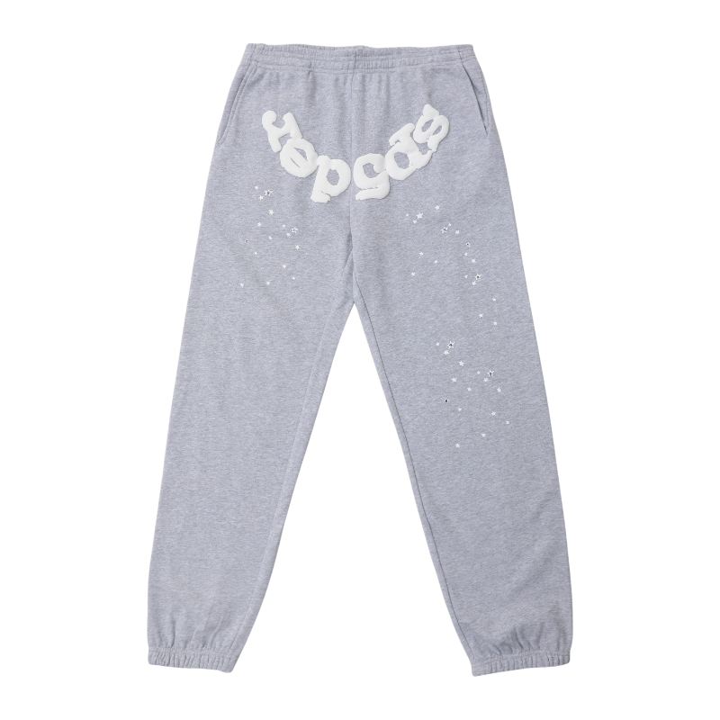 Front view of gray SP5DER OG Web sweatpants featuring signature web design and star details for a premium urban look.