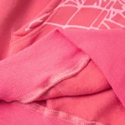 Close-up of the vibrant pink fabric and graphic detailing on the premium Sp5der Legacy Hoodie streetwear essential.