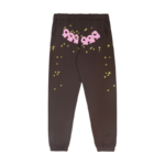 Back view of black Sp5der 555 555 sweatpants with pink branding and yellow star graphics, featuring a loose fit style.