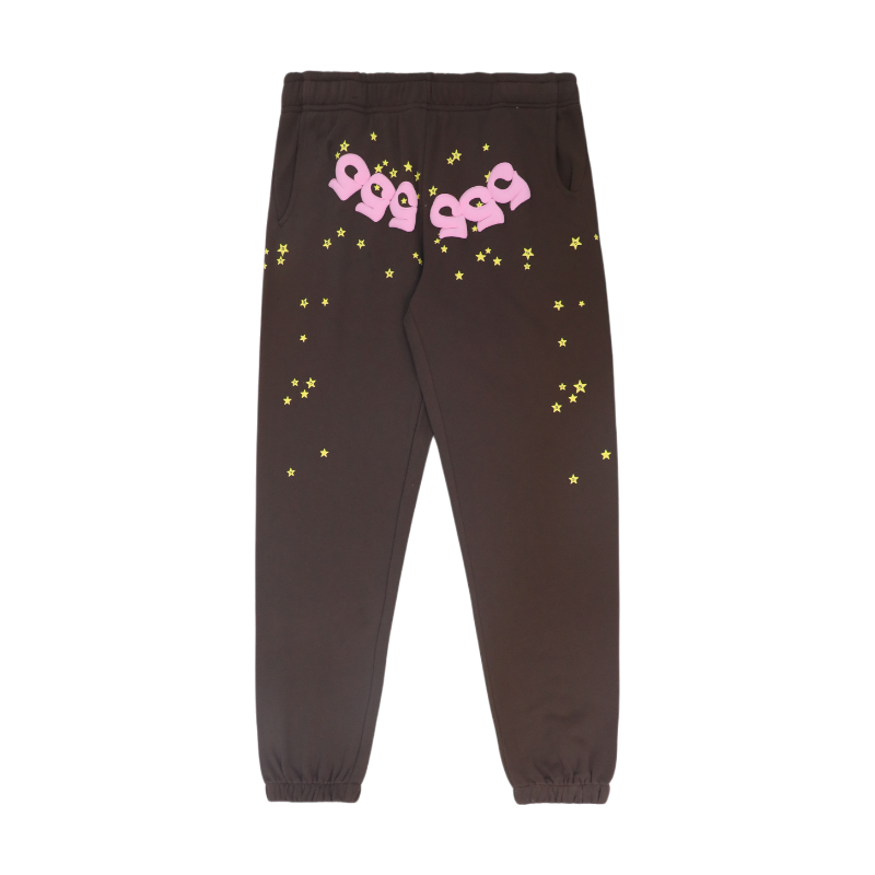 Back view of black Sp5der 555 555 sweatpants with pink branding and yellow star graphics, featuring a loose fit style.