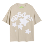 Beige Sp5der Worldwide Star Beluga T-Shirt featuring a bold white star graphic design and premium fabric construction.