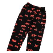 Sp5der Sex AOP Sweatpants in black featuring a bold red all-over print design for a premium streetwear aesthetic.