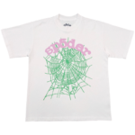 Front view of the Sp5der OG Web Tee in white with an iconic green spider web graphic and pink lettering.