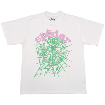 Front view of the Sp5der OG Web Tee in white with an iconic green spider web graphic and pink lettering.