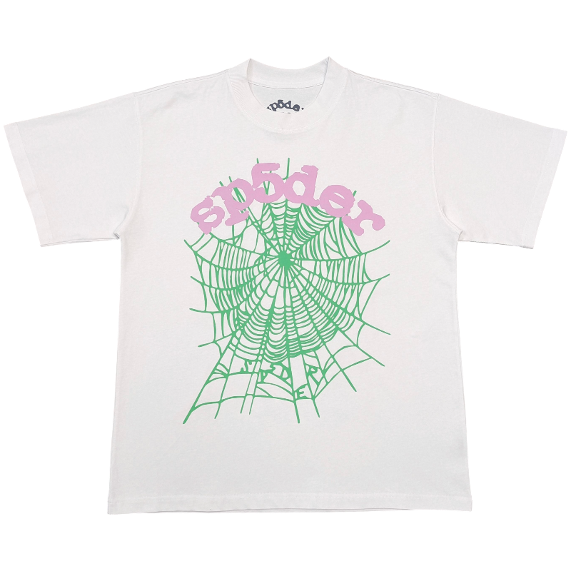 Front view of the Sp5der OG Web Tee in white with an iconic green spider web graphic and pink lettering.
