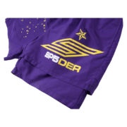 Purple Sp5der SP5 Pro performance athletic shorts featuring a yellow embroidered logo and star print design.
