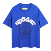 Front view of a royal blue SP5DER Young Thug t-shirt featuring a large black web graphic and white logo lettering