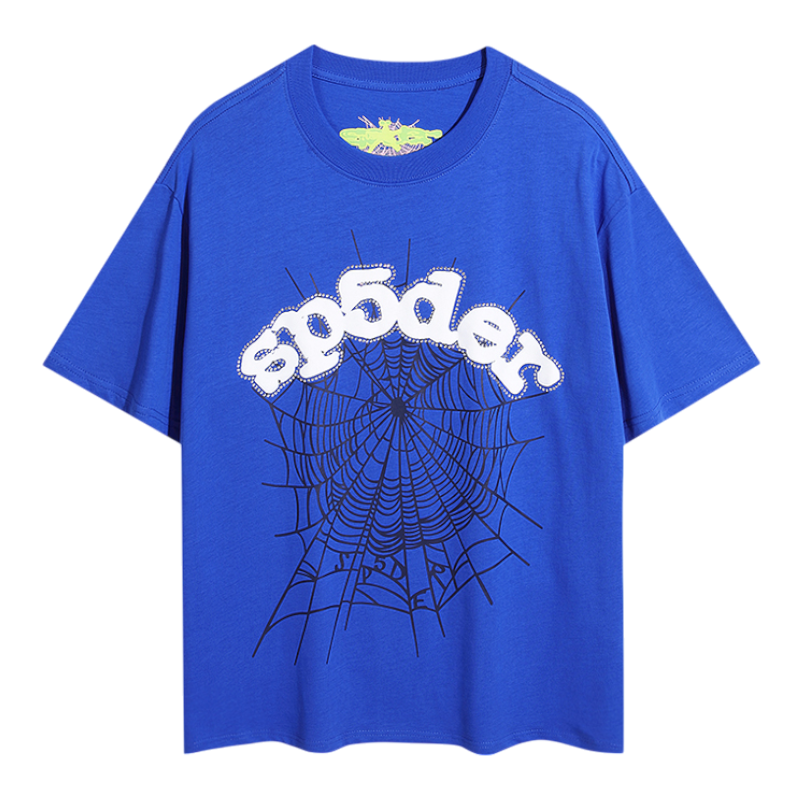 Front view of a royal blue SP5DER Young Thug t-shirt featuring a large black web graphic and white logo lettering