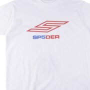 White SP5DER Pro LW tee featuring a bold red graphic logo and blue lettering, showcasing lightweight performance.