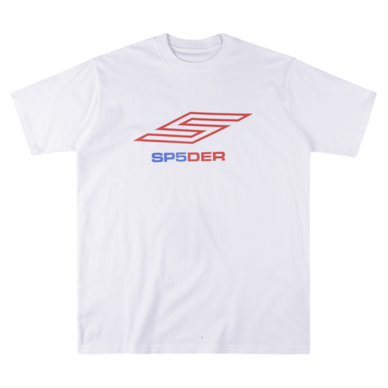 Front view of the SP5DER Pro LW Tee in white, featuring a performance-inspired streetwear graphic logo on the chest.