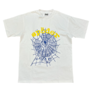Front view of the Sp5der OG Web V2 white streetwear t-shirt featuring the iconic blue spider web graphic logo.