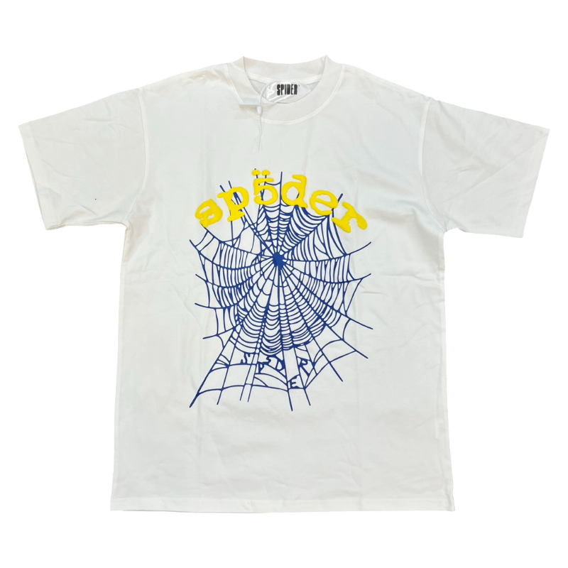 Front view of the Sp5der OG Web V2 white streetwear t-shirt featuring the iconic blue spider web graphic logo.