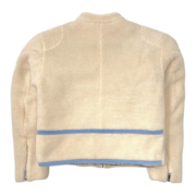 Back view of the cream-colored Sp5der Worldwide Hunters Sherpa Moto Jacket with blue stripe detailing and zip cuffs