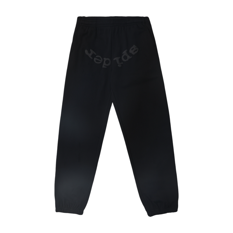 Back view of black Sp5der OG Tree Camo sweatpants featuring iconic branding and a premium loose fit construction.