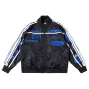 Front view of the Sp5der Satin Bomber Jacket in black and blue with iconic branding and a sleek athletic fit.