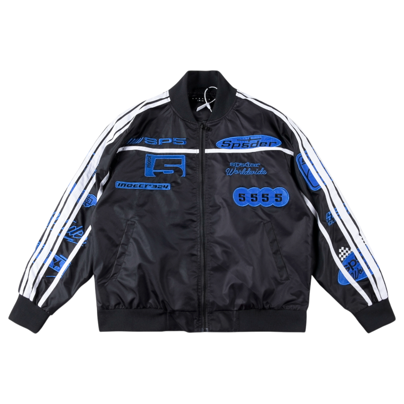 Front view of the Sp5der Satin Bomber Jacket in black and blue with iconic branding and a sleek athletic fit.