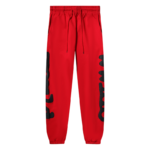 Front view of the vibrant Sp5der Beluga Sweatpants in red featuring a bold relaxed fit and iconic brand graphics.