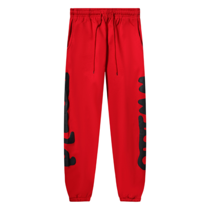 Front view of the vibrant Sp5der Beluga Sweatpants in red featuring a bold relaxed fit and iconic brand graphics.