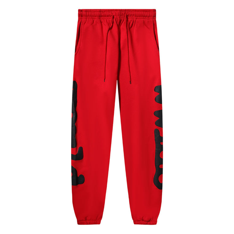 Front view of the vibrant Sp5der Beluga Sweatpants in red featuring a bold relaxed fit and iconic brand graphics.