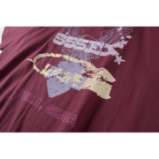 Maroon SP5DER Worldwide 5EX tee shirt featuring distressed graphic branding and Tema, Ghana text detailing.