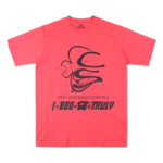 Front view of the vibrant red Sp5der Bite Tee featuring a unique and edgy graphic print for streetwear enthusiasts.