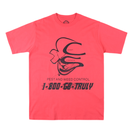 Front view of the vibrant red Sp5der Bite Tee featuring a unique and edgy graphic print for streetwear enthusiasts.
