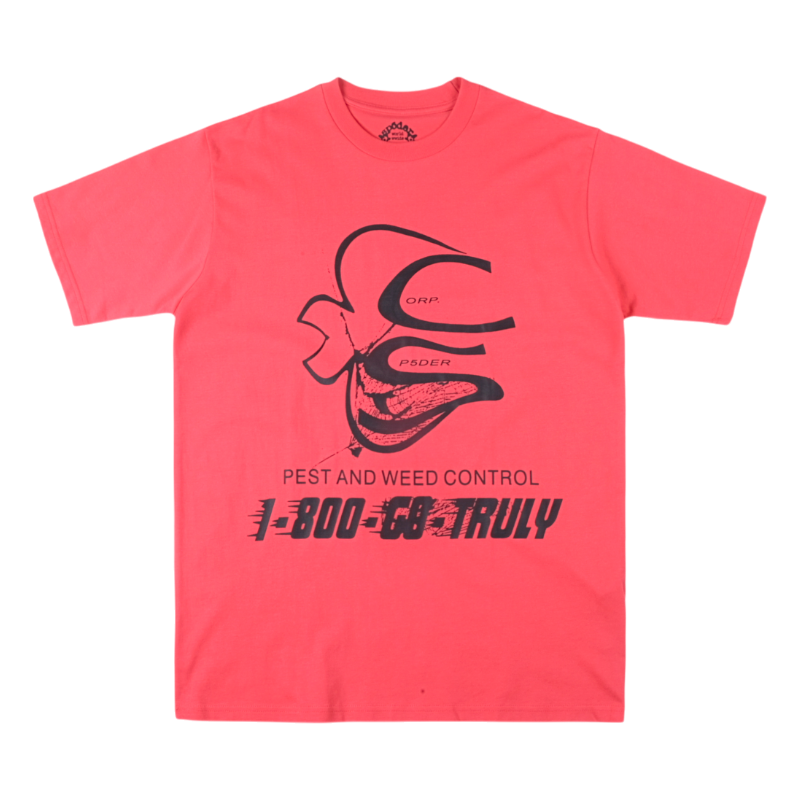 Front view of the vibrant red Sp5der Bite Tee featuring a unique and edgy graphic print for streetwear enthusiasts.