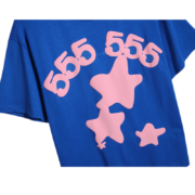 Blue Sp5der Worldwide Star T-Shirt featuring a vibrant 555 print design in light pink for a bold streetwear aesthetic.