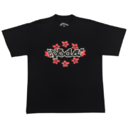 Black Sp5der Warped T-Shirt with a distorted graphic design, showcasing the unique streetwear aesthetic and branding.
