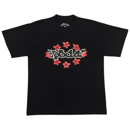 Black Sp5der Warped T-Shirt with a distorted graphic design, showcasing the unique streetwear aesthetic and branding.