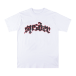 Front view of the white Sp5der Juan V2 short-sleeve t-shirt with a bold motorsport-inspired graphic on the chest.