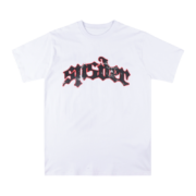 Front view of the white Sp5der Juan V2 short-sleeve t-shirt with a bold motorsport-inspired graphic on the chest.