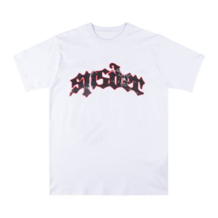 Front view of the white Sp5der Juan V2 short-sleeve t-shirt with a bold motorsport-inspired graphic on the chest.