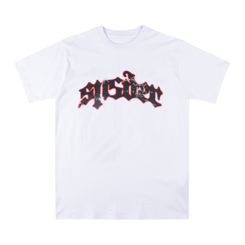 Front view of the white Sp5der Juan V2 short-sleeve t-shirt with a bold motorsport-inspired graphic on the chest.