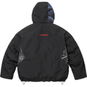 Back view of the black Supreme x Sp5der jacket featuring red branding and iconic spider web graphics on the sides.