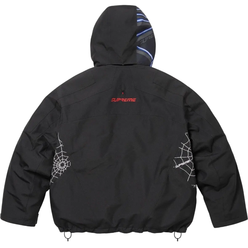 Back view of the black Supreme x Sp5der jacket featuring red branding and iconic spider web graphics on the sides.
