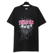 Black Sp5der Young Thug Atlanta graphic t-shirt featuring a web print design, front view on a clothing hanger.