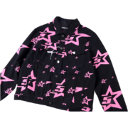 Sp5der 5 Star Trucker Jacket in black with bold pink star graphic patterns in a classic street style front view.