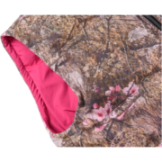 Close-up view of the SP5DER Real Tree Puffer Vest featuring a classic camouflage print and bright pink lining details.