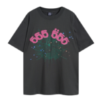 Dark grey Sp5der 555 Young Thug T-shirt featuring a signature spider web and pink graphic logo streetwear design.