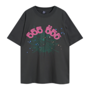 Dark grey Sp5der 555 Young Thug T-shirt featuring a signature spider web and pink graphic logo streetwear design.