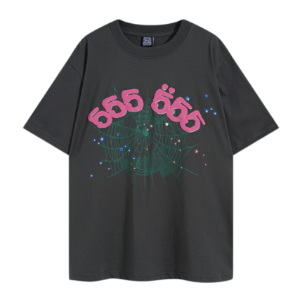 Dark grey Sp5der 555 Young Thug T-shirt featuring a signature spider web and pink graphic logo streetwear design.