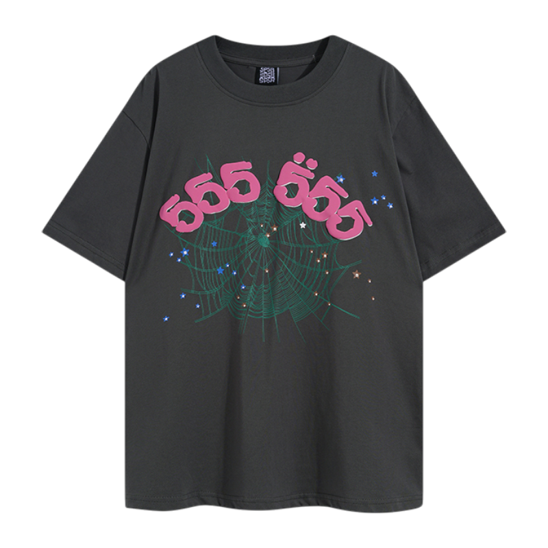 Dark grey Sp5der 555 Young Thug T-shirt featuring a signature spider web and pink graphic logo streetwear design.