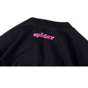 Back view of the black SP5DER Hellcat Kenny streetwear tee showing pink branded text on the upper neckline area.