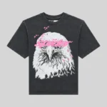 Front view of the Sp5der Screaming Eagle tee in black cotton featuring a large white eagle graphic with pink accents.